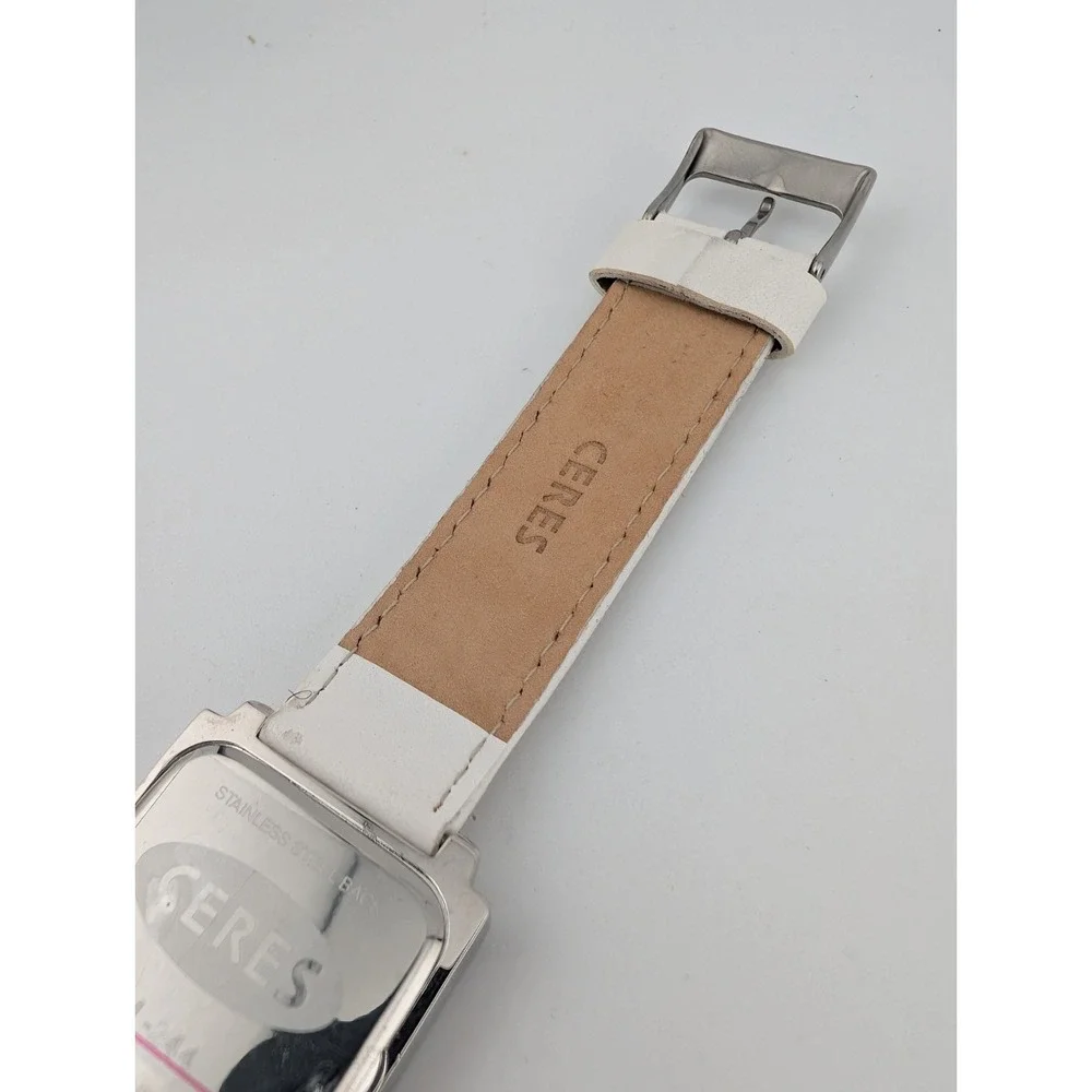 Ceres New York Watch Women 30mm Silver Case White Leather Band- New Battery